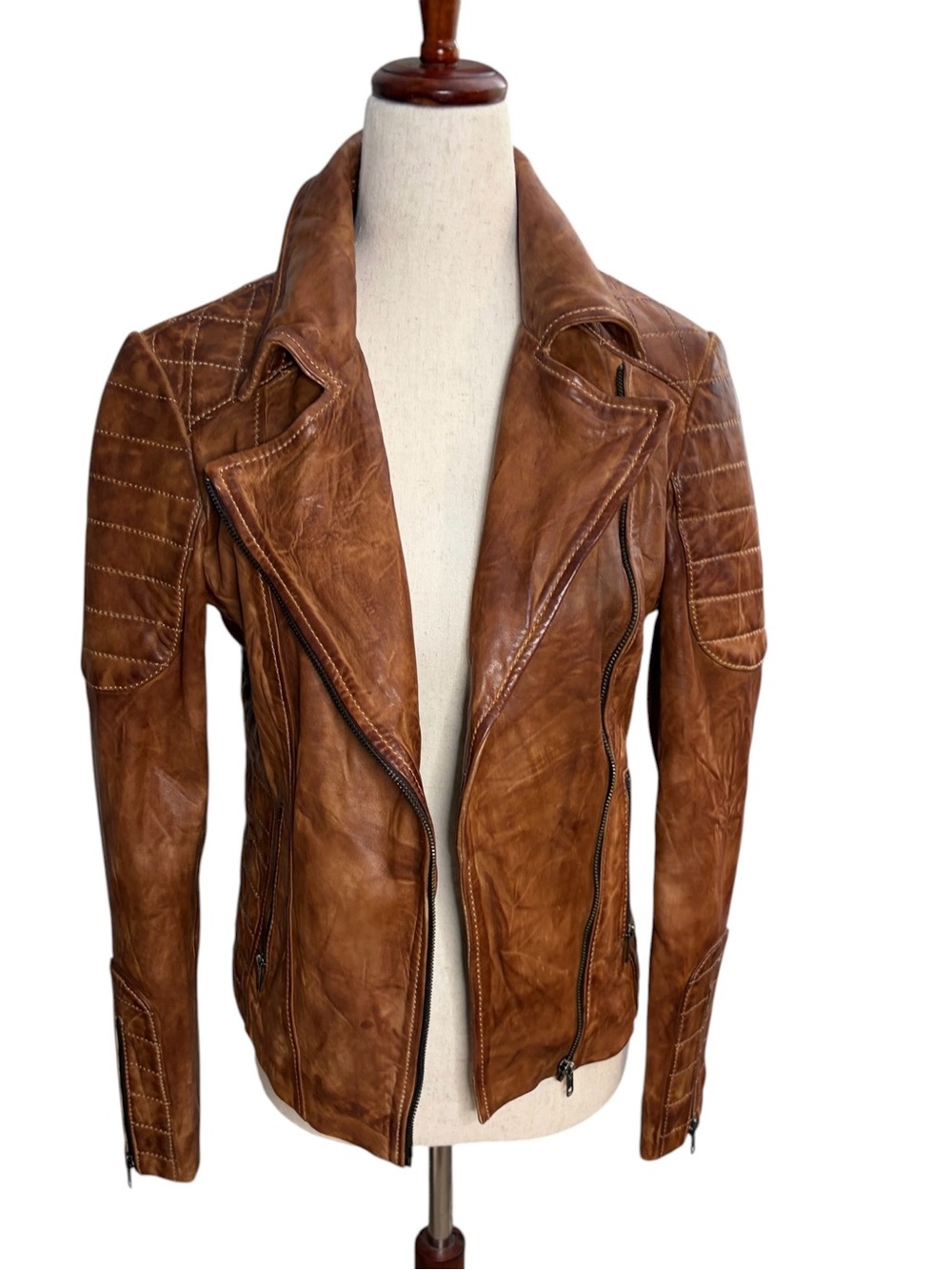 Scully Distressed Leather Moto Jacket - Cognac Brown - Picture 2 of 7